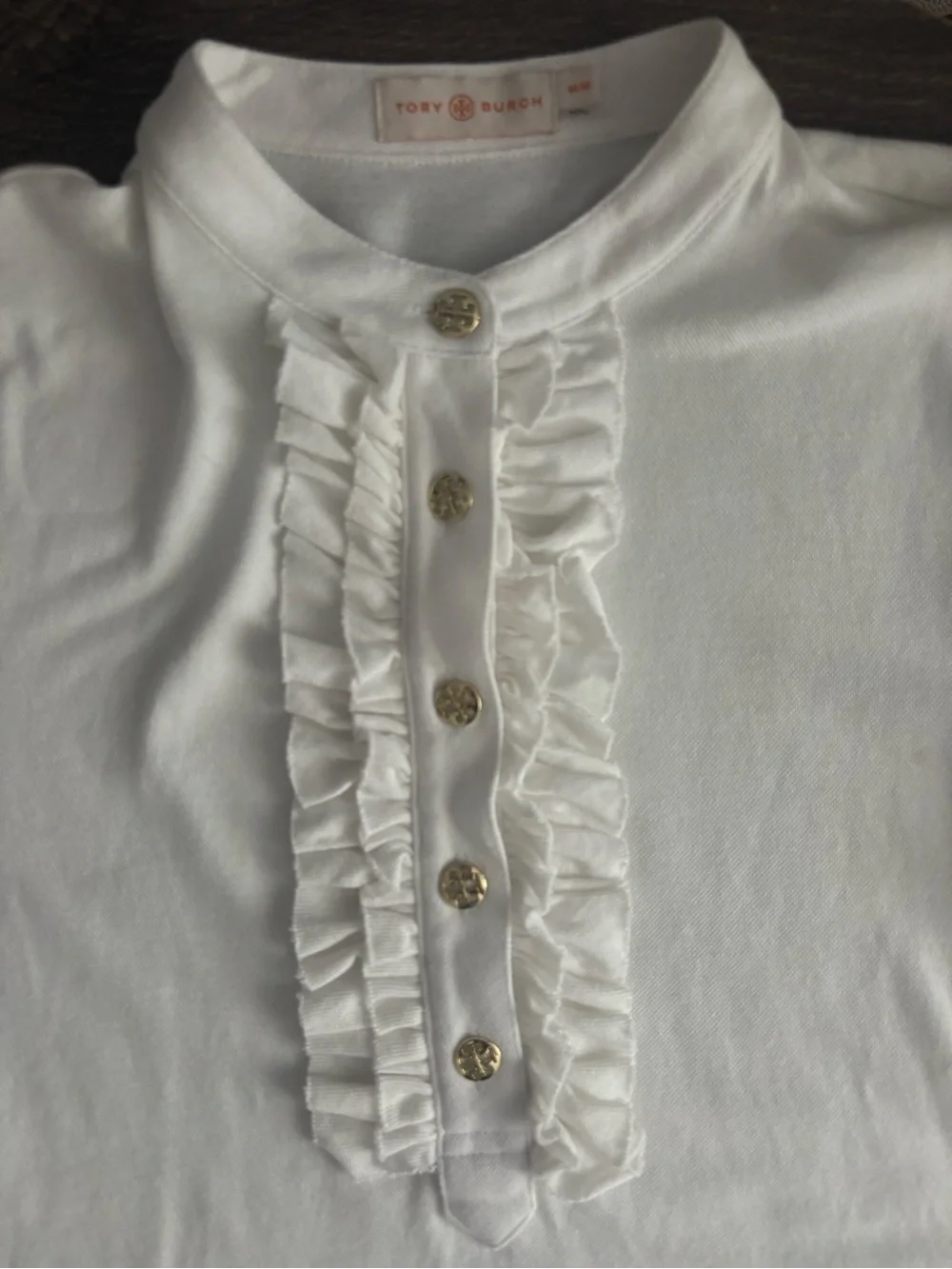 Tory Burch White Ruffle-Placket Polo with Gold Logo Buttons
